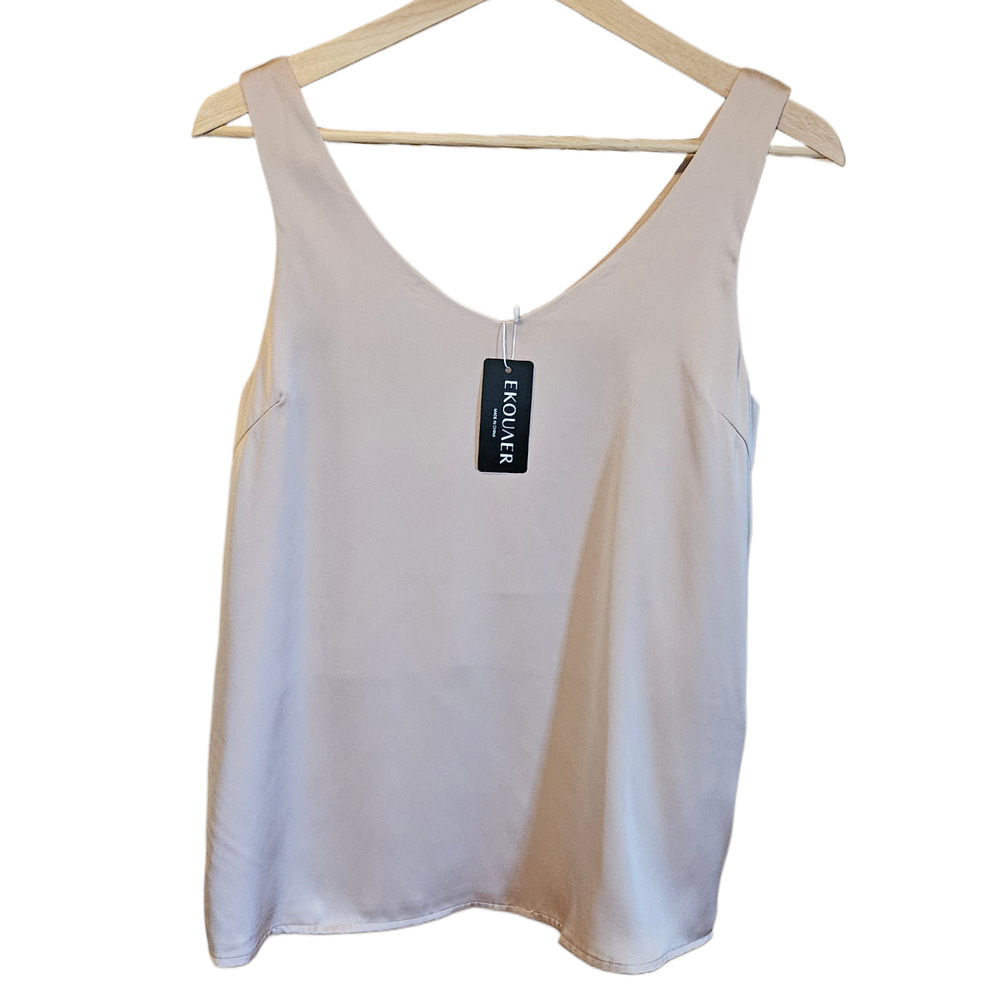 NEW! Ekouaer Women's Small Beige Satin V-Neck Sleeveless Cami Tank Top NWT